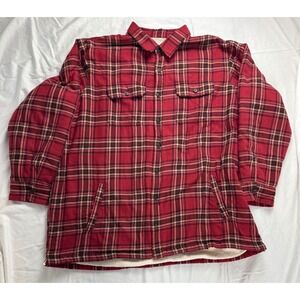 Lands End Mens 3XL Red Plaid Sherpa Lined Flannel Shirt Jacket Warm shacket